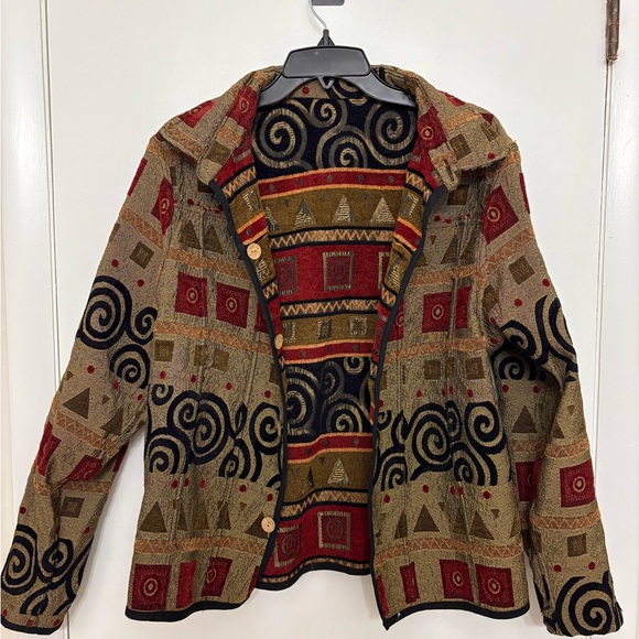 Tally-Ho reversible art tapestry jacket geometric wooden buttons VTG women’s XL - Picture 6 of 9